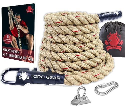 TORO GEAR | 38 Millimeter Juteseil zum Klettern, 3-6 Meter | Kletterseil mit Karabinerhaken und Aufhänger für Crossfit, Fitness, Fitnessstudios und Feuerwehrtraining (38 mm X 4,5 m)
