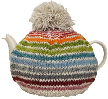 Pachamama Handknitted Medium 4-6 Cup 1.2L Wool Tea Cosy Teapot Cover - Multicoloured Stripe Insulated Handmade Fair Trade Oatmeal