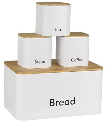 Luckyberg Brot-, Kaffee-, Tee- und Zuckerset mit Bambusdeckel, Brotaufbewahrungsbehälter, umweltfreundlicher Bambusdeckel, kann als Schneidebrett, (Weiß)