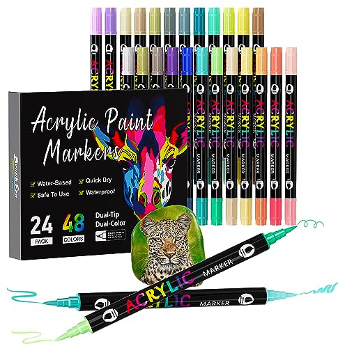 Sonlaryin Rotuladores Acrilicos 48 Colores 24 Piezas, Rotuladores de Pintura Acrílica Doble Punta con Fina y Pincel, Rotuladore para Roca, Cristal, Cerámica, Plastico, Tela, Metal