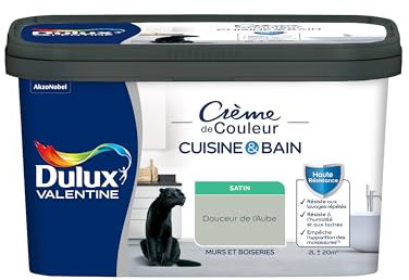 Dulux Valentine Peinture Intérieure Crème de Couleur Cuisine et Salle de Bain - Pièces Humides Murs et Boiseries - Résistant aux taches et à l'humidité - Satin Douceur de l'Aube 2 L