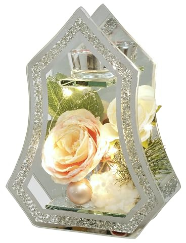 Teelichthalter aus Glas mit Kerze LED Licht Kunstblume Rose Tannenzweigen Weihnachtskugeln Kerzenhalter Deko-Objekt Lampe Weihnachtsdeko Deko Weihnachten Glas Geschenk Dekoobjekt Ornamente 3D Bild