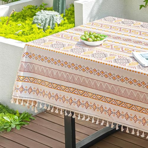 Qelus Outdoor Tischdecke Abwischbar, 140 * 200cm Rechteck Gartentischdecke, wasserdichte Tischtücher Boho mit Quasten, Garten Tischtuch Table Cloth für Außen und Innen Balkon Küche, Bunte, 1 Stück