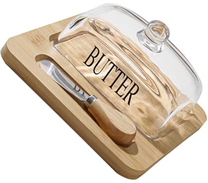 PRETYZOOM Butterdose Aus Holz Mit Glasglocke Und Metallmesser Quadratischer Butterbehälter Für Kühlschrank Praktische Butteraufbewahrung Mit Käse-aufbewahrungsbox Skandinavisches Design