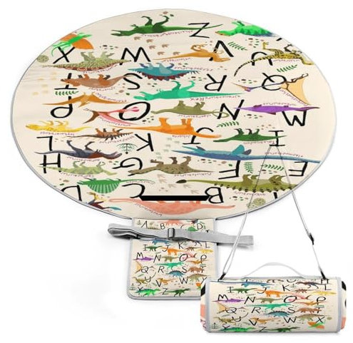 SEEKJOYS Runde Picknickdecke, Dinosaurier und englische Buchstaben mit Tragegurt, faltbar, tragbar, 3-lagig, wasserdicht, Stranddecke für Outdoor, Camping, Sommer, Strandmatte, 152,4 cm Durchmesser