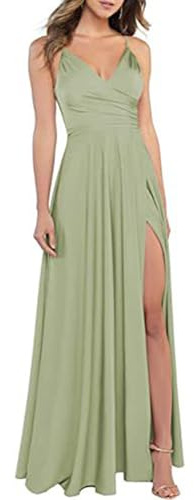 xxxiticat Damen V-Ausschnitt Spaghettiträger Satin Brautjungfernkleider Formeller A-Linie Abschlussball Abendkleider mit Schlitz, gRÖN, S