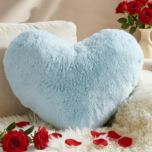 Yhoelata Valentinstag Herzkissen, Eisblau Herzform Kissen Kuschelkissen, Love Zierkissen Aesthetic, Plüsch Kissen für Wohnzimmer Sofa Kind Schlafzimmer Bett, Geschenk 37x47 cm