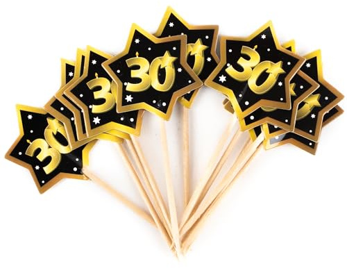 Tiwoca Deko zum 30. Geburtstag – 12 Stück schwarz-goldene Party-Picks in edler Optik Zahl 30 – Stilvolle Geburtstagsdeko und elegante Geschenkideen für Junge und Mädchen