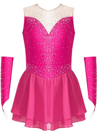 RUNQHUI Robe Patinage Artistique Fille Justaucorps Robe Danse Strass avec Manchettes Tenue Compétition Spectacle Rose Vif 11-12 Ans
