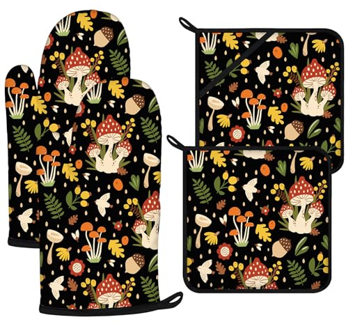 Mushroom Oven Mitts and Pot Holders Sets 4Pcs,Extra Long Oven Gloves Potholder for Kitchen Cooking Baking BBQ 100% Cotton Heat Resistant
