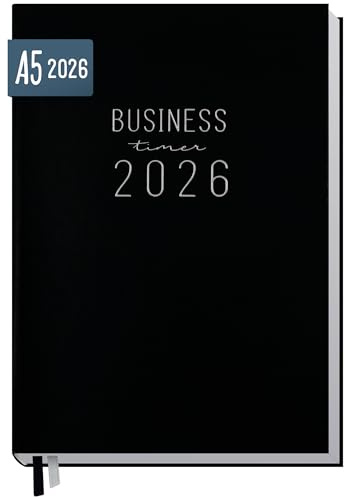 Häfft® Business-Timer 2026 A5 Schwarz 1 Woche 2 Seiten | Buchkalender mit Kunstleder-Einband, Terminplaner im Halb-Stunden-Takt
