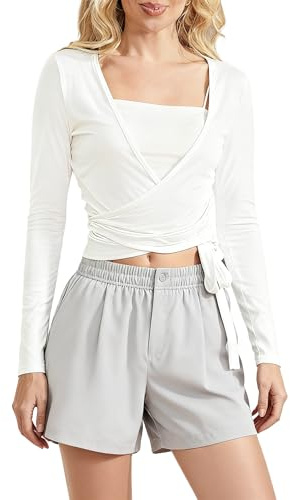 Amiblwova Camicia da Ballerina Donna Top Avvolgente da Ballo Yoga Pilates a Maniche Lunghe con Laccetto Auto-Allacciante Blusa da Ballerina, bianco, S