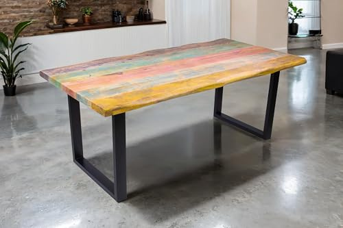 SAM Esstisch Libro 160x85 cm Mangoholz bunt Baumkante U-Gestell schwarz | Baumkantentisch massiv, lackiert, Metallgestell, pflegeleichter Esszimmertisch, Shabby Chic