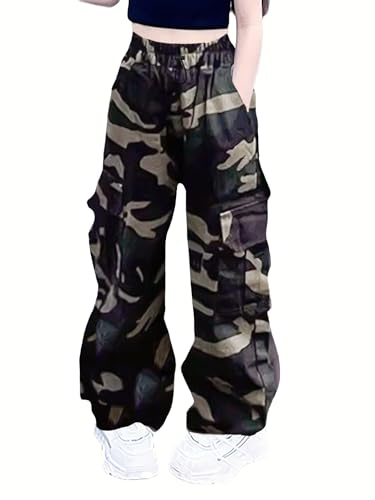 Nanasait Cargohose für Mädchen, elastischer Taillenbund mit Kordelzug und Taschen, 6–14 Jahre, Camouflage, 9-10 Jahre