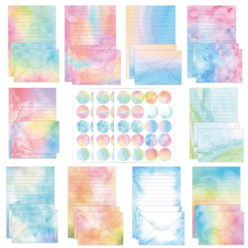 160 Stück Briefpapier mit Umschlag Set,50 A5 Liniert und 50 Briefumschläge, Aquarell Briefbogen Briefpapier mit 60 Sticker für Hochzeitseinladunge