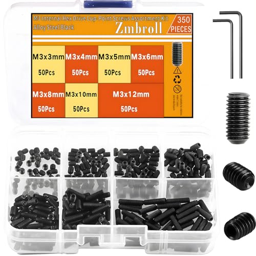 Zmbroll M3 Black Headless Grub Screws,350Pcs M3x3/4/5/6/8/10/12mm Set Screws,Allen Head Screw,Socket Head Cap Screws 12.9 Class Alloy Steel Fastener with Internal Hex Drive Assortment Kit