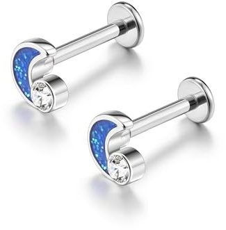 PiercingJak 2Stk Helix Piercings Titan Ohrstecker mit Halbmond Blau Mond Zirkonia Lippenpiercing Labret Medusa Monroe Ohr Klein Tragus Stud Piercing Stäbe Stecker 6mm 8mm 16Gauge