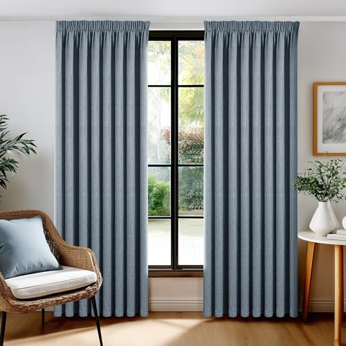Deconovo Leinen Verdunklungsvorhang mit Kräuselband, 100% Blickdicht, Thermo & Schallschutz, Leinenoptik Blackout Gardine für Wohnzimmer, H229 x B140 cm, Blaugrau, 2er Set