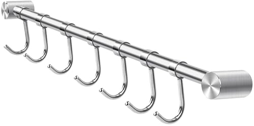 Jesustree Barre de Suspension de Cuisine en Acier Inoxydable, 40 cm Barre Murale Cuisine Support Ustensile à suspendre Rack avec 7 Crochets Amovibles pour Salle de Bain, Chambre, Bureau