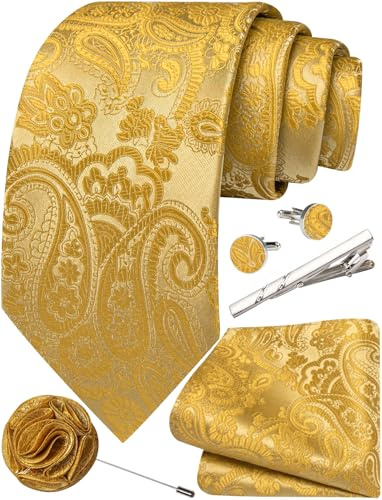 Ailisus Corbatas para Hombres Corbata de Paisley y Pañuelo de Bolsillo Gemelos Alfiler de Solapa Clip de Corbata Set Boda Formal 5PCS, dorado, Taille unique