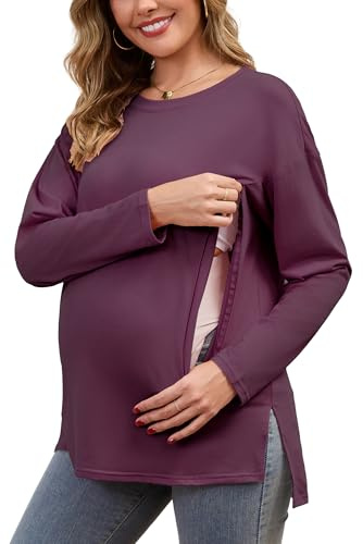 Women's Nursing Shirts Long Sleeve with Hidden Zipper Oversized Breastfeeding Tops Side Split Maternity Blouse Wine Red