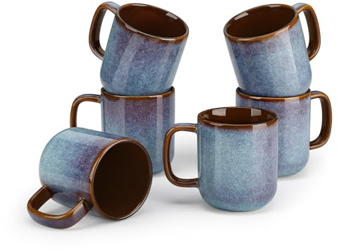 vancasso ONION - Tazas de Café y Desayuno de Gres - 360ml - Juego de 6 Tazas con Asa Para Té, Capuchino, Leche, Avena, Yogur - Resistente a Lavavajillas y Microondas – Esmaltado Reactivo Gris Azul