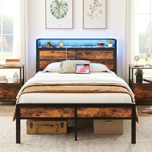 IRONCK Small Double Bed Frame with Storage Headboard & LED Lights, Platform Bed Frame Small Single with Charging Station, Metal Bed Frame, UnderBed Storage/Mattress Foundation, Vintage Brown