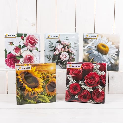 100 Servietten Blumen Motiv – 5er Set mit je 20 Papierservietten – Dekorative Servietten für Frühling, Sommer, Gartenparty, Hochzeit, Geburtstag, Tischdeko