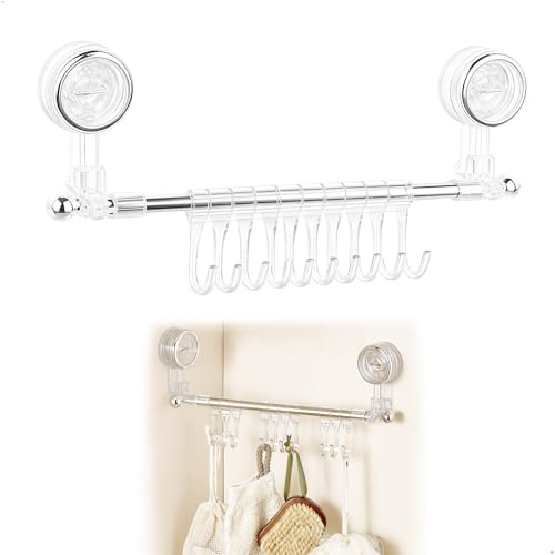 fuxunamz Hakenleiste Küche ohne Bohren, 33cm Küchenleiste mit 10 Beweglicher Haken, Abnehmbare Hakenleiste Selbstklebend mit Saugnapf für Küchenutensilien, Kochgeschirr, 1-Minuten-Installation.
