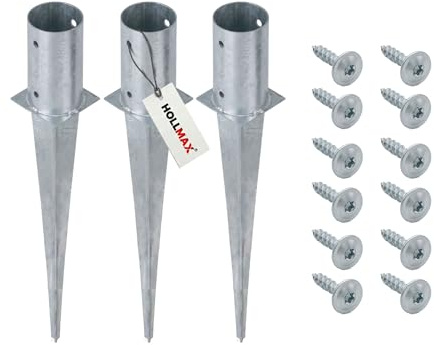 HOLLMAX 3 Stk. Einschlaghülsen/Bodenhülsen rund (81 mm) inkl. Schrauben, silber verzinkt, für gefräste und teilgefräste Pfosten