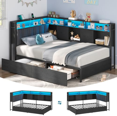 AODEMOKO Polsterbett Schlafsofa 90 x 200 mit LED-Beleuchtung und USB-Ladestation,Jugendbett 90 x 200 cm,Tagesbett,Eckbettgestell aus LED-Metall mit 2 Schubladen und Bücherregal,Grau