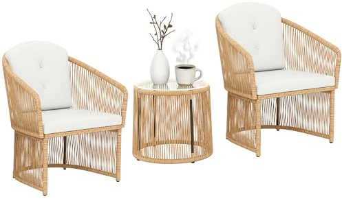 Outsunny Polyrattan Gartenmöbel Set für 2 Personen 3-Teilig Cremeweiß | Outdoor Lounge Balkonmöbel, Mit Kissen, Wetterfeste Sitzgruppe, 2 Stühle, Runder Glastisch, Balkon Terrasse Garten