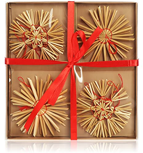 com-four® 12-teiliges Strohsterne Set, Christbaum-Schmuck, Stroh-Anhänger | natürlicher Christbaum-Behang - Weihnachtsdekoration - Ø 10 cm