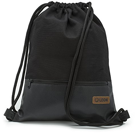 By Bers LEON Turnbeutel, große Reißverschluss Außentasche, Innentaschen Innenfutter Rucksack Tasche Damen Männer Hipster Beutel Veganes Leder Gym Bag Draw String (Schwarz_Schwarz_PU)