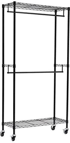 Amazon Basics Stand appendiabiti a doppia barra con rotelle - Nero, 91cm x 35.5 cm x 183 cm (LXPXH)