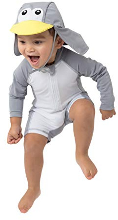 Cuddle Club Einteiliger Sunzies Badeanzug für Babys und Kleinkinder, Badebekleidung Mädchen/Jungen - Pinguin – Grau - 3-6 Monate