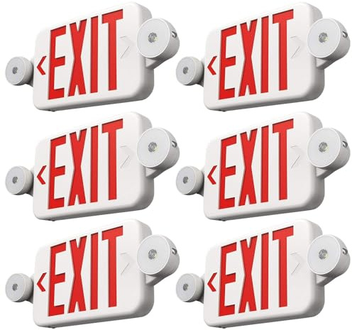 FREELICHT 6 Pack Red Exit Signs with Emergency Lights, Two LED Adjustable Head Emergency Exit Light with Battery Backup,Hard Wired,UL Listed, AC 120/277V,Exit Sign Combo for Business