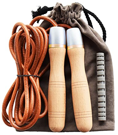 Ahomie Leather Jump Rope, Adjustable Skipping Jumping Ropes, with Rotary Bearing and Pure Wood Handles, for Gym & Home Fitness Workouts
