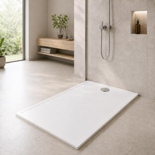 Art-of-Baan ® Premium duschkar - duschkar för badrum - med DIN-anslutning - platt duschkar inklusive avloppssats - vit - 80 x 100 cm