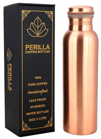 Perilla Home Bouteille d'eau en cuivre pur de 1000 ml, anti-fuite à 99,97 % pur – Récipient en cuivre ayurvédique – Buvez plus d'eau et profitez immédiatement des bienfaits pour la santé – Pour la
