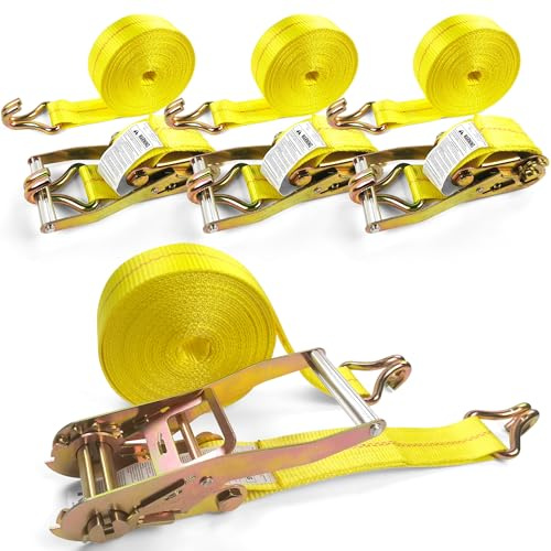 4 Pack 2 x27' Ratchet Strap Tie Down 10000lbs J Hook,Heavy Duty Tie-Down Ratcheting Cargo Truck Straps Wire Hook Ends, J-Hook Ratchet Strap TieDowns KJE