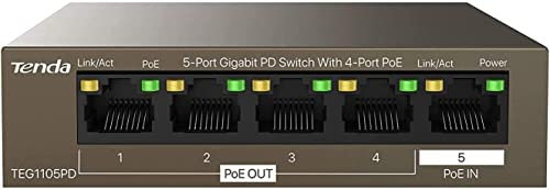 Tenda 5-Port Gigabit PoE Switch Senza Alimentazione AC, PD Switch Gigabit(4 porte PoE Out e 1 porta PoE In), Potenza fino a 22 W, Plug & Play, Senza Ventola, Solo Alimentazione PoE (TEG1105PD)