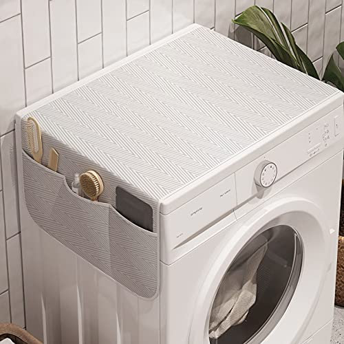 ABAKUHAUS grau Chevron Waschmaschinen-Organizer, Abstrakte Linien Waves, Anti-Rutsch-Stoffabdeckung für Waschmaschine und Trockner, 47 cm x 120 cm, Pale Grau und Weiß