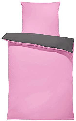 one-home Wende Bettwäsche 135x200 cm rosa pink anthrazit Uni Doubleface Microfaser Set