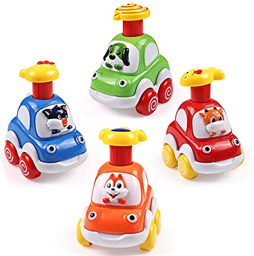 WolinTek Baby Spielzeugauto 1 Jahr,4 Pack Drücken Sie und gehen Sie Spielzeug Früherziehung Autos Spielzeug für Jungen und Mädchen 1 2 3 4 5 Jahr, Friktionsbetriebene Spielzeugfahrzeuge