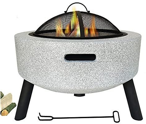 BDXZJ Tavolo per Braciere per Esterno Rotondo, Braciere in Cemento Simil Pietra da Esterno con Parascintille, Poker per Camino, Griglia E Griglia per Barbecue Giardino All'aperto White