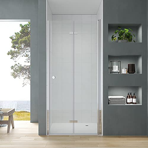 Duschfalttür 90 cm breit Duschfaltwand für Dusche Falttür Nische Nischenfalttür Nischendrehtür 180° faltbar klappbar Duschtrennwand Duschtür Glas rahmenlos aus Sicherheitsglas klar