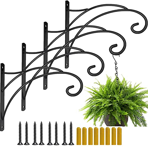 Hanging Plant Brackets, Pack of 4 Iron Hanging Basket Bracket Durable Weather-Resistant Outdoor Plant Hooks for Hanging Plant Lantern Windchime Birdhouse Metal Sign Fruit Bracket, Screw Included