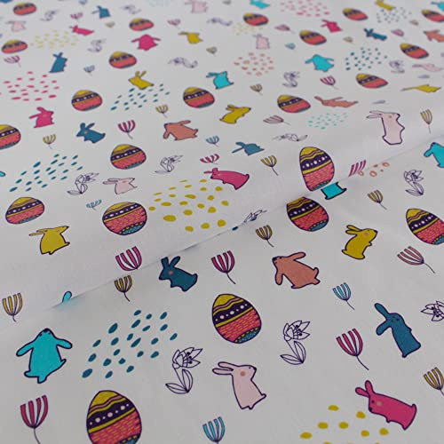 Kinderstoff Meterware Baumwolle - 1 Meter, Stoff, Baumwollstoff, Nähen, Bettwäsche, Kinder, Baby, Jungen, Mädchen, Bekleidung, Deko (Häschen Eier Ostern Bunt)
