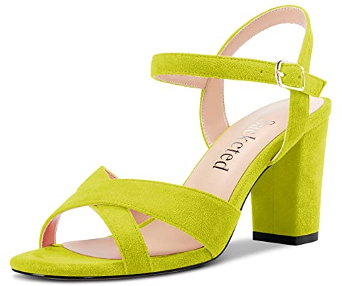 Saekcted Mujer Medio Heel Chunky Ancho Abierta Punta Slingback Sandalias Correa Tobillo Cierre con Hebilla Dress 8 CM Heels Verde Lima 41 EU